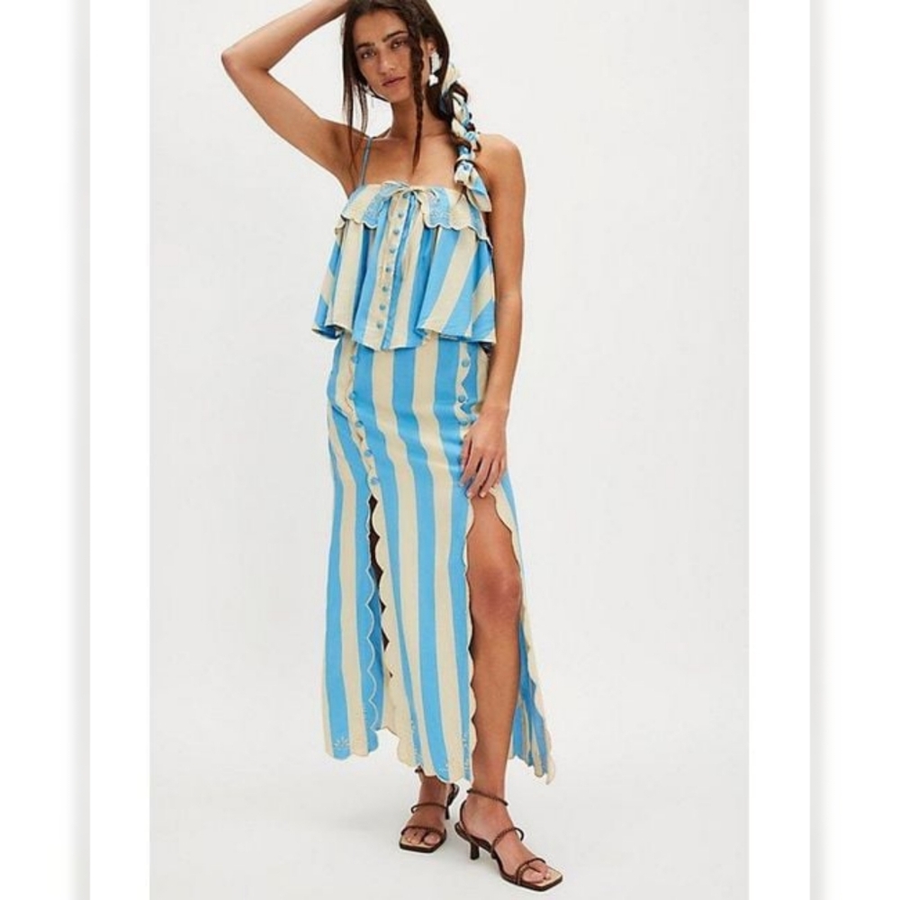 Free People Bali Audrey Set In Blue/Cream‎ Stripe Women's Size Large